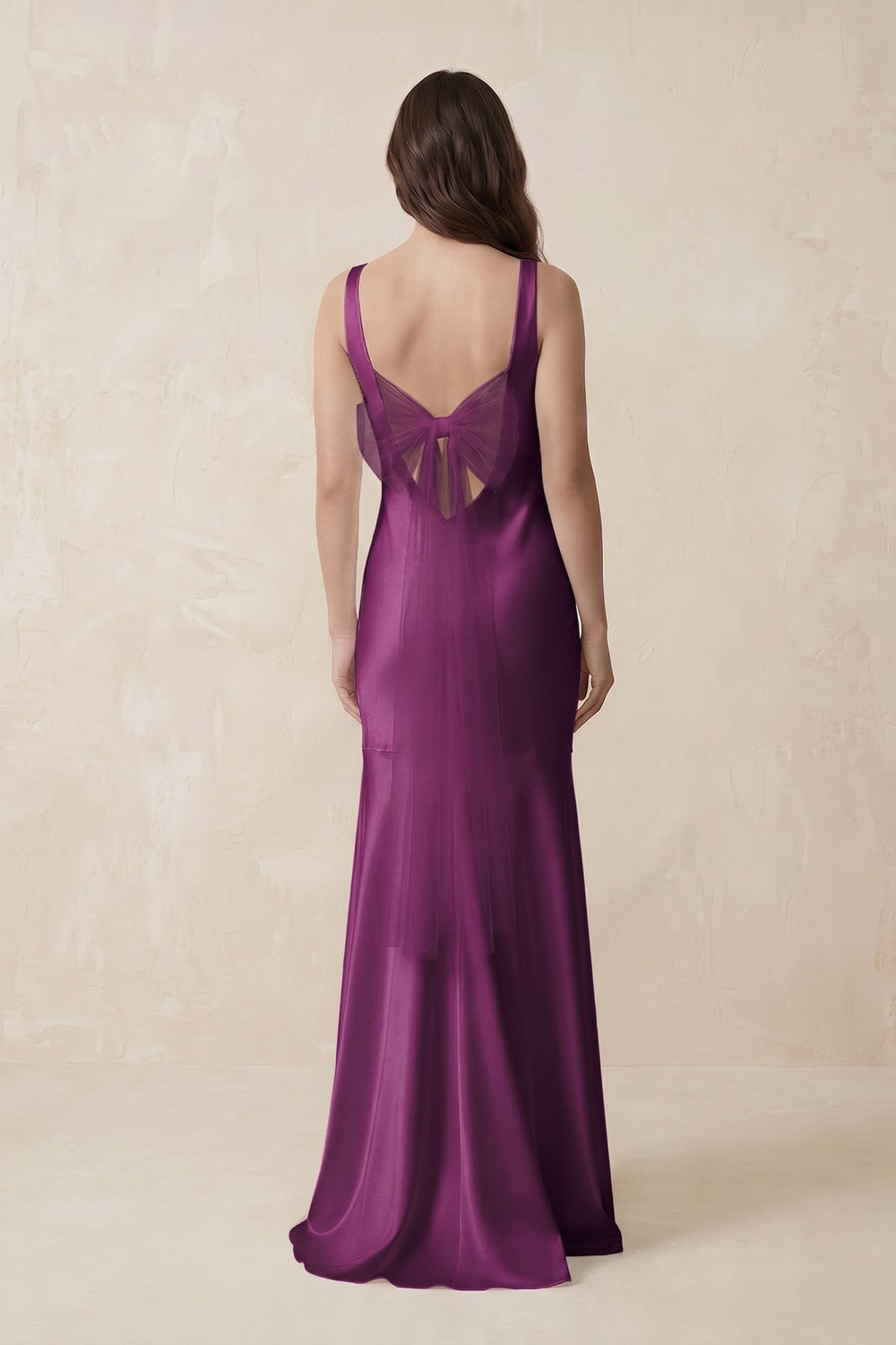 Mermaid Scoop Neck Satin Bridesmaid Dress with Bow in Fig - KISS BRIDAL Bridesmaid Dresses