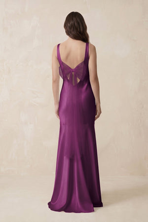 Mermaid Scoop Neck Satin Bridesmaid Dress with Bow in Fig - KISS BRIDAL Bridesmaid Dresses