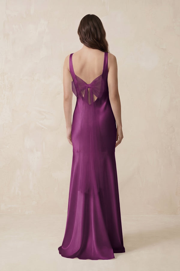 Mermaid Scoop Neck Satin Bridesmaid Dress with Bow in Fig - KISS BRIDAL Bridesmaid Dresses