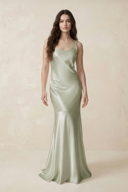 Mermaid Scoop Neck Satin Bridesmaid Dress with Bow in Frost - KISS BRIDAL Bridesmaid Dresses