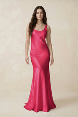 Mermaid Scoop Neck Satin Bridesmaid Dress with Bow in Fuchsia - KISS BRIDAL Bridesmaid Dresses