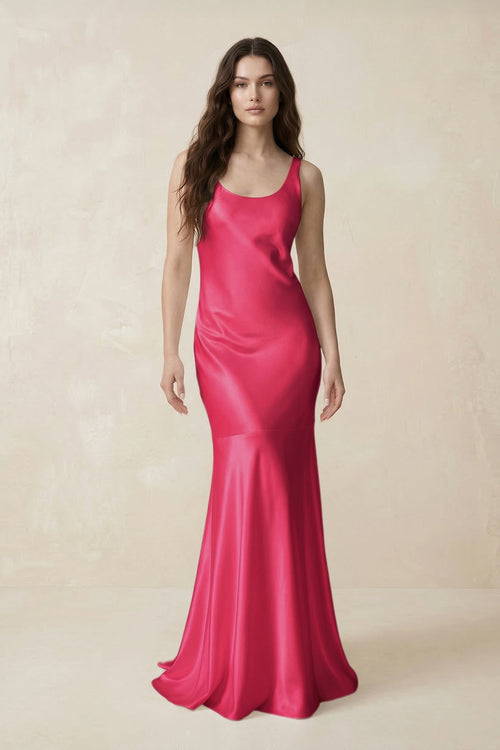 Mermaid Scoop Neck Satin Bridesmaid Dress with Bow in Fuchsia - KISS BRIDAL Bridesmaid Dresses