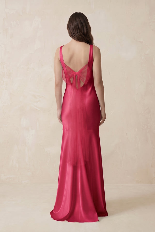 Mermaid Scoop Neck Satin Bridesmaid Dress with Bow in Fuchsia - KISS BRIDAL Bridesmaid Dresses
