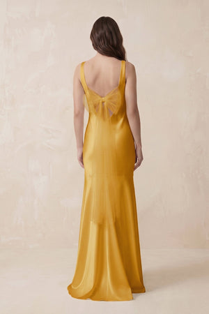 Mermaid Scoop Neck Satin Bridesmaid Dress with Bow in Gold - KISS BRIDAL Bridesmaid Dresses