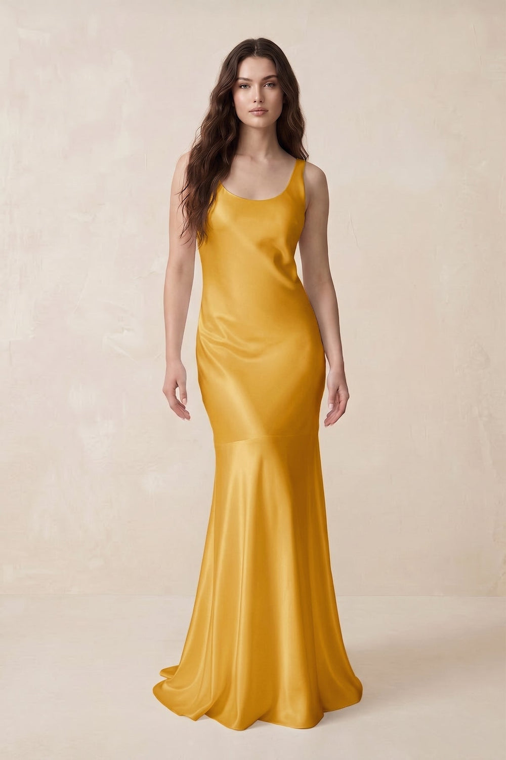 Mermaid Scoop Neck Satin Bridesmaid Dress with Bow in Gold - KISS BRIDAL Bridesmaid Dresses