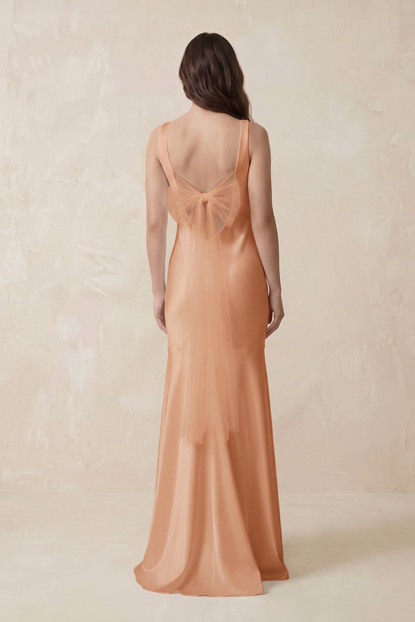 Mermaid Scoop Neck Satin Bridesmaid Dress with Bow in Golden Champagne - KISS BRIDAL Bridesmaid Dresses