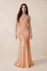 Mermaid Scoop Neck Satin Bridesmaid Dress with Bow in Golden Champagne - KISS BRIDAL Bridesmaid Dresses