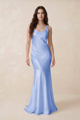 Mermaid Scoop Neck Satin Bridesmaid Dress with Bow in Ice - KISS BRIDAL Bridesmaid Dresses