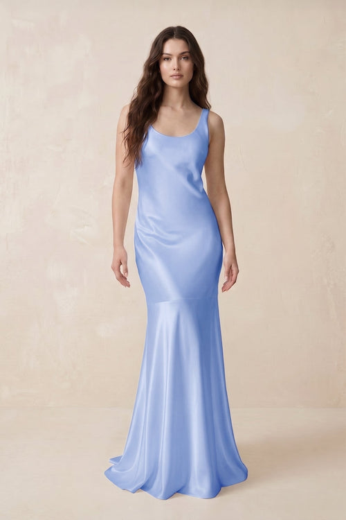 Mermaid Scoop Neck Satin Bridesmaid Dress with Bow in Ice - KISS BRIDAL Bridesmaid Dresses