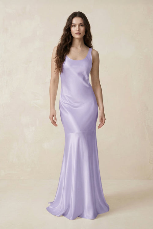 Mermaid Scoop Neck Satin Bridesmaid Dress with Bow in Lavender - KISS BRIDAL Bridesmaid Dresses