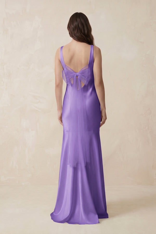 Mermaid Scoop Neck Satin Bridesmaid Dress with Bow in Lilac - KISS BRIDAL Bridesmaid Dresses