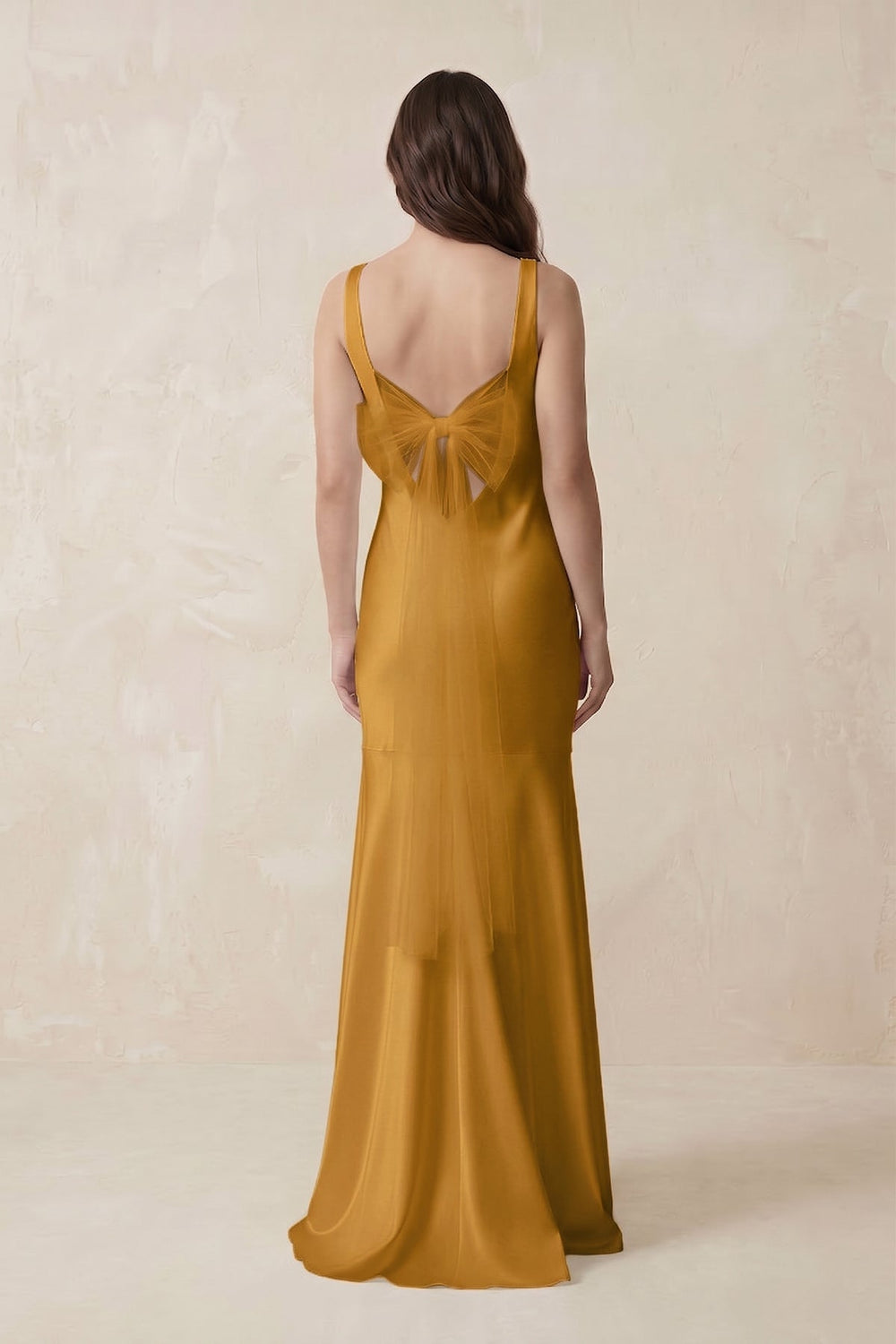 Mermaid Scoop Neck Satin Bridesmaid Dress with Bow in Marigold - KISS BRIDAL Bridesmaid Dresses