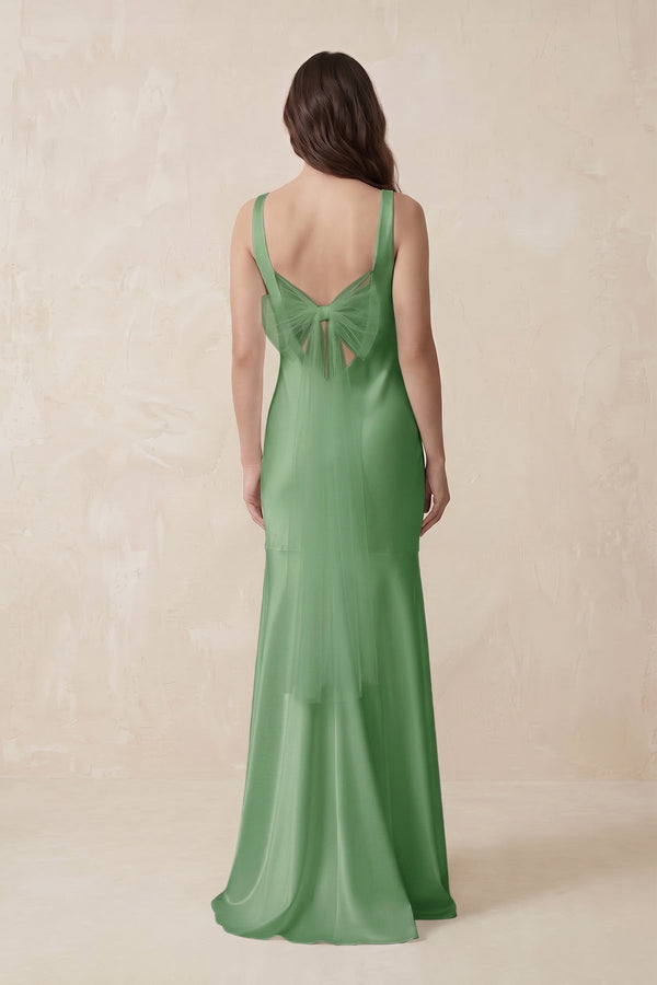 Mermaid Scoop Neck Satin Bridesmaid Dress with Bow in Matcha - KISS BRIDAL Bridesmaid Dresses