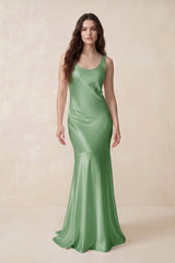 Mermaid Scoop Neck Satin Bridesmaid Dress with Bow in Matcha - KISS BRIDAL Bridesmaid Dresses