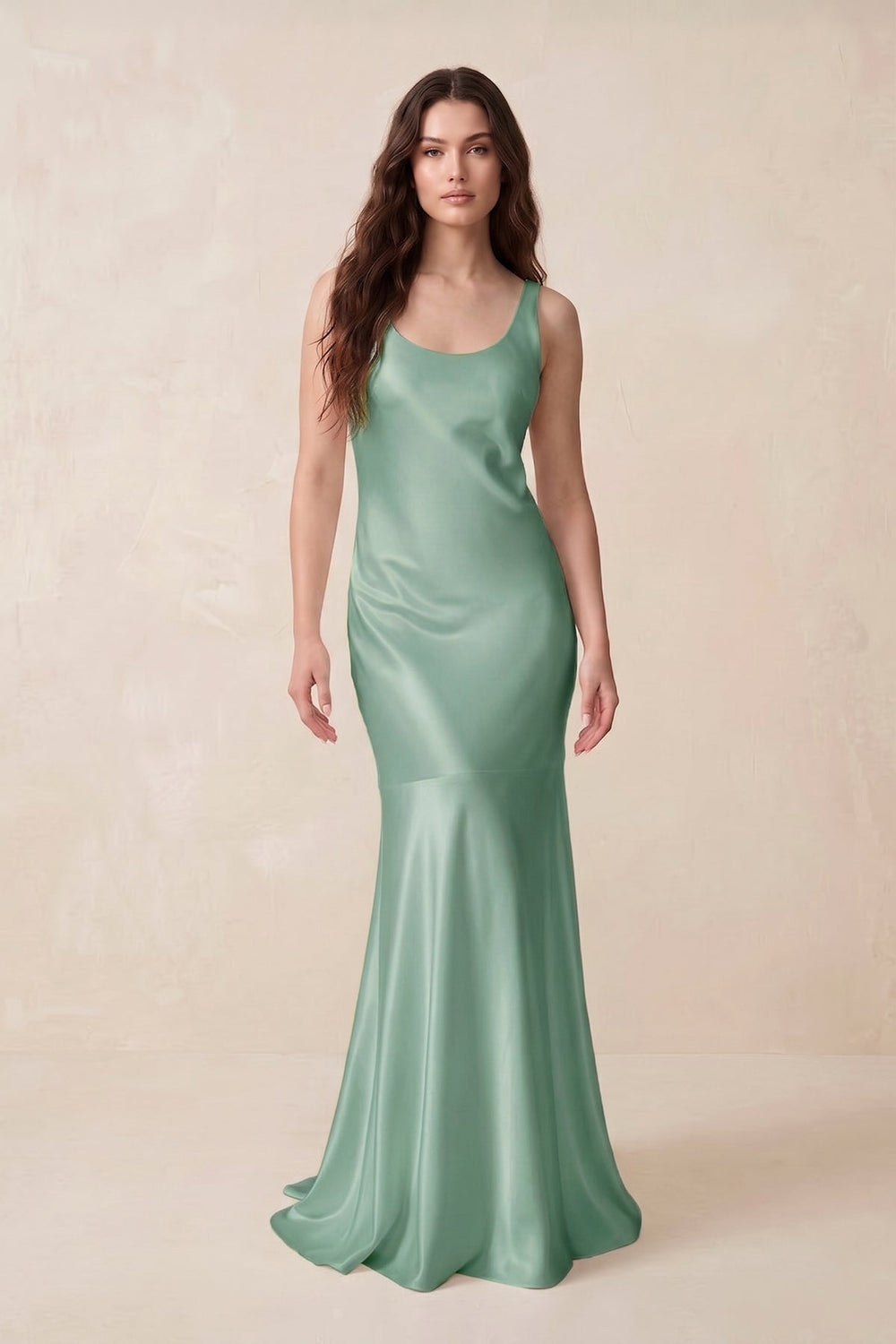 Mermaid Scoop Neck Satin Bridesmaid Dress with Bow in Mint Green - KISS BRIDAL Bridesmaid Dresses