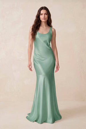 Mermaid Scoop Neck Satin Bridesmaid Dress with Bow in Mint Green - KISS BRIDAL Bridesmaid Dresses