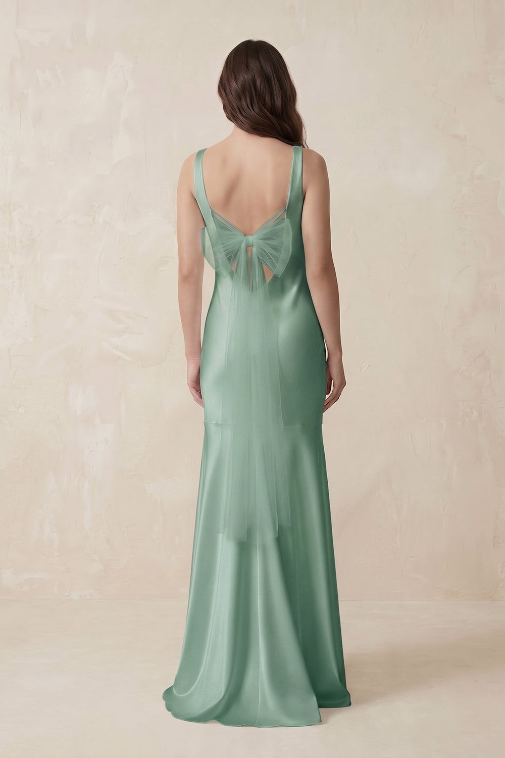 Mermaid Scoop Neck Satin Bridesmaid Dress with Bow in Mint Green - KISS BRIDAL Bridesmaid Dresses