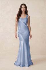 Mermaid Scoop Neck Satin Bridesmaid Dress with Bow in Mist - KISS BRIDAL Bridesmaid Dresses