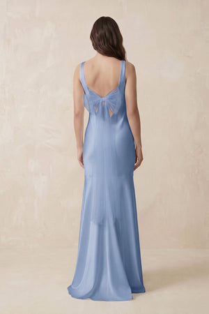 Mermaid Scoop Neck Satin Bridesmaid Dress with Bow in Mist - KISS BRIDAL Bridesmaid Dresses
