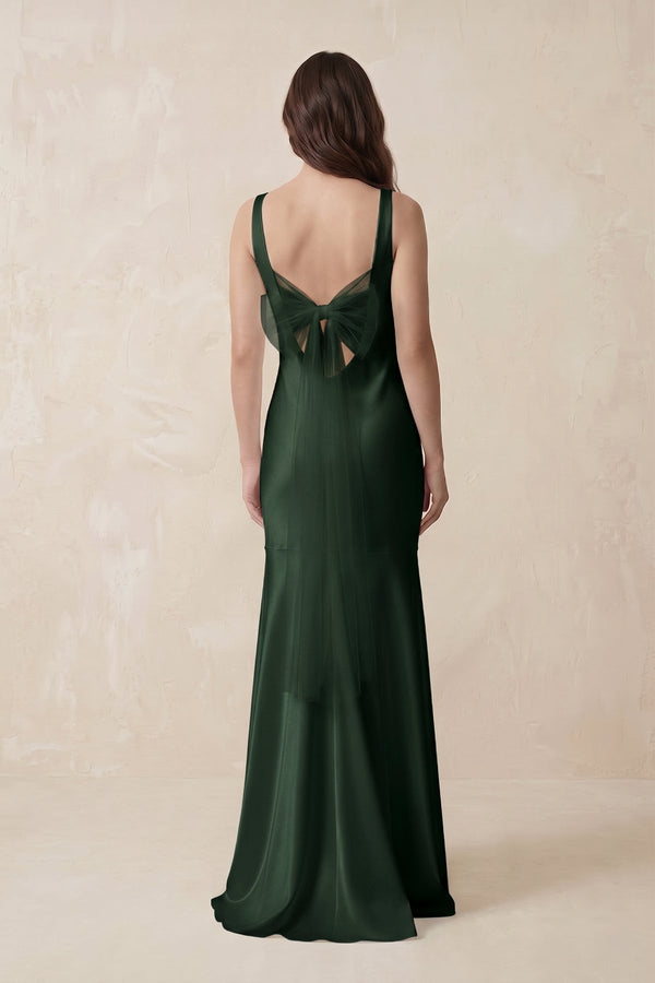 Mermaid Scoop Neck Satin Bridesmaid Dress with Bow in Moss - KISS BRIDAL Bridesmaid Dresses