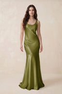Mermaid Scoop Neck Satin Bridesmaid Dress with Bow in Moss Green - KISS BRIDAL Bridesmaid Dresses