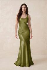 Mermaid Scoop Neck Satin Bridesmaid Dress with Bow in Moss Green - KISS BRIDAL Bridesmaid Dresses