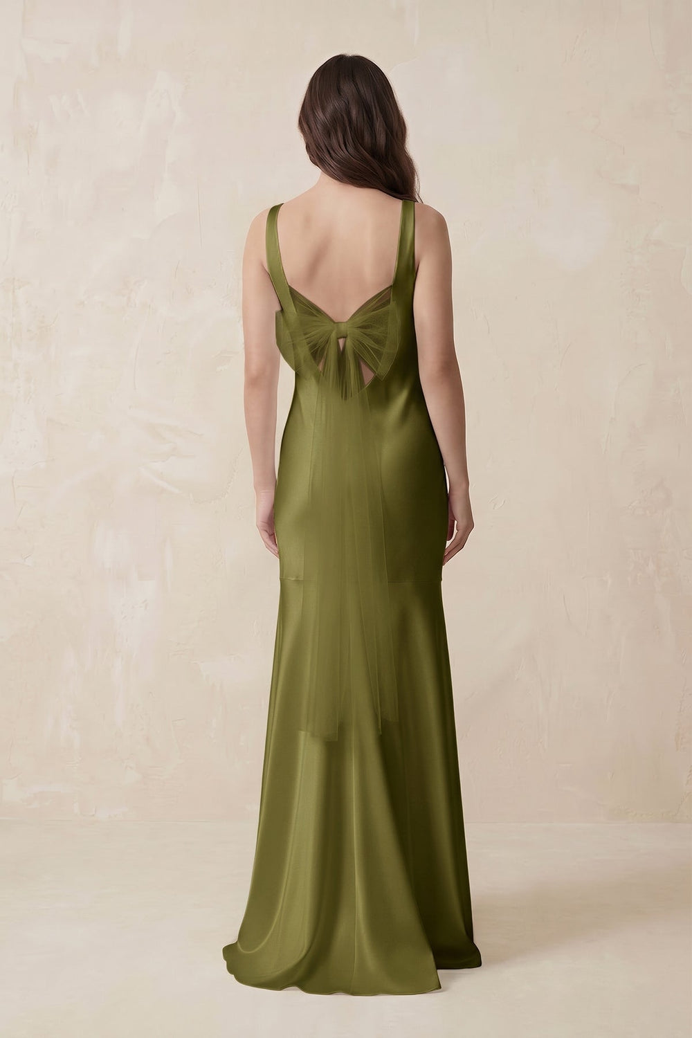 Mermaid Scoop Neck Satin Bridesmaid Dress with Bow in Moss Green - KISS BRIDAL Bridesmaid Dresses