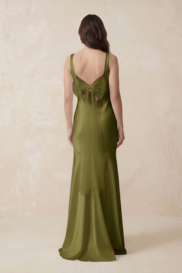 Mermaid Scoop Neck Satin Bridesmaid Dress with Bow in Moss Green - KISS BRIDAL Bridesmaid Dresses