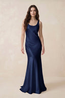 Mermaid Scoop Neck Satin Bridesmaid Dress with Bow in Navy - KISS BRIDAL Bridesmaid Dresses