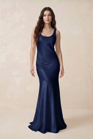 Mermaid Scoop Neck Satin Bridesmaid Dress with Bow in Navy - KISS BRIDAL Bridesmaid Dresses