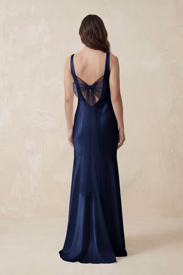Mermaid Scoop Neck Satin Bridesmaid Dress with Bow in Navy - KISS BRIDAL Bridesmaid Dresses