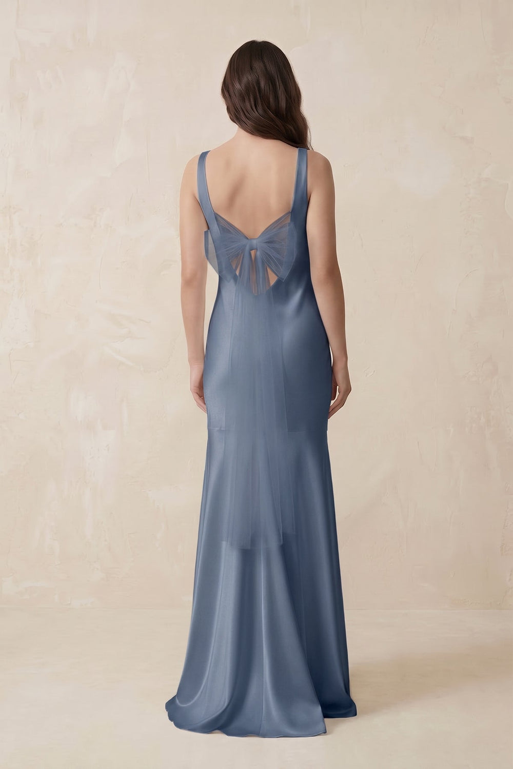 Mermaid Scoop Neck Satin Bridesmaid Dress with Bow in Neptune - KISS BRIDAL Bridesmaid Dresses