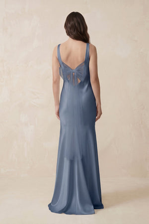 Mermaid Scoop Neck Satin Bridesmaid Dress with Bow in Neptune - KISS BRIDAL Bridesmaid Dresses