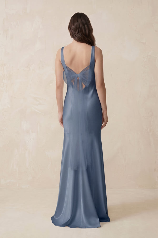Mermaid Scoop Neck Satin Bridesmaid Dress with Bow in Neptune - KISS BRIDAL Bridesmaid Dresses