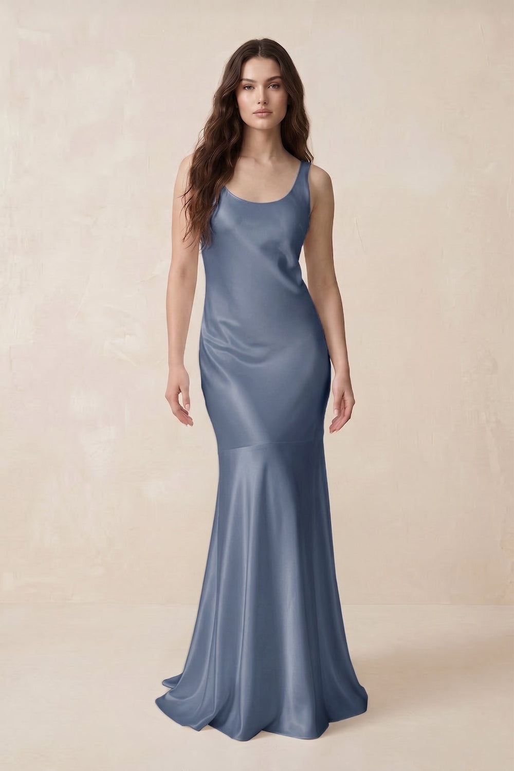 Mermaid Scoop Neck Satin Bridesmaid Dress with Bow in Neptune - KISS BRIDAL Bridesmaid Dresses