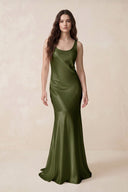 Mermaid Scoop Neck Satin Bridesmaid Dress with Bow in Olive - KISS BRIDAL Bridesmaid Dresses