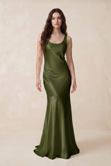 Mermaid Scoop Neck Satin Bridesmaid Dress with Bow in Olive - KISS BRIDAL Bridesmaid Dresses