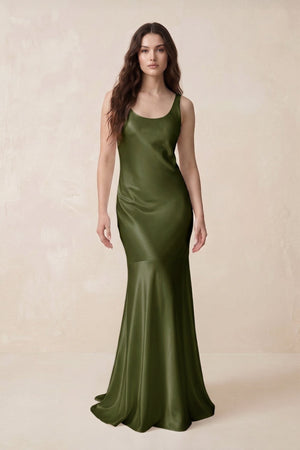 Mermaid Scoop Neck Satin Bridesmaid Dress with Bow in Olive - KISS BRIDAL Bridesmaid Dresses