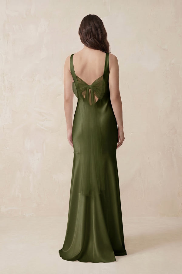 Mermaid Scoop Neck Satin Bridesmaid Dress with Bow in Olive - KISS BRIDAL Bridesmaid Dresses