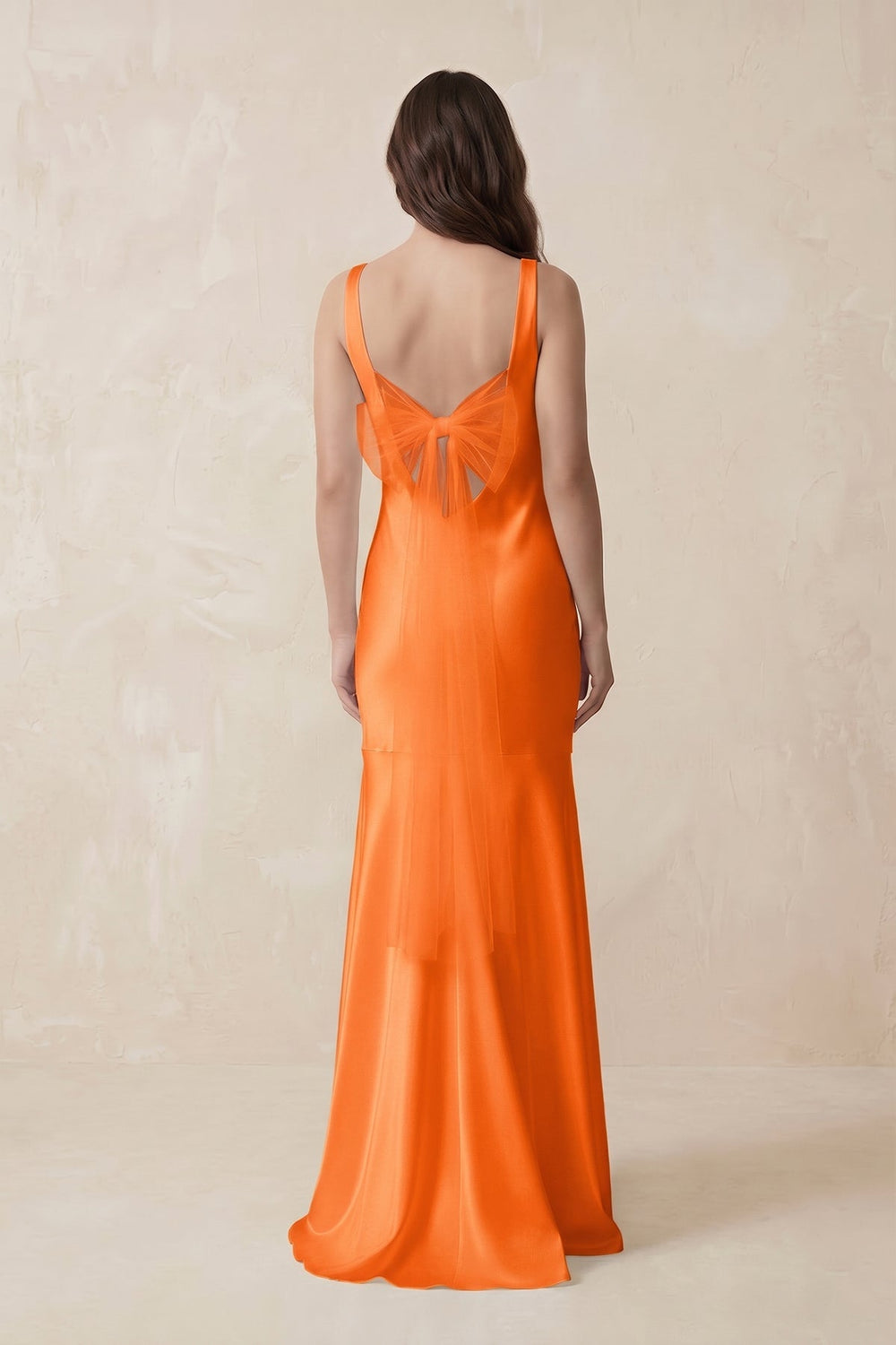 Mermaid Scoop Neck Satin Bridesmaid Dress with Bow in Orange - KISS BRIDAL Bridesmaid Dresses