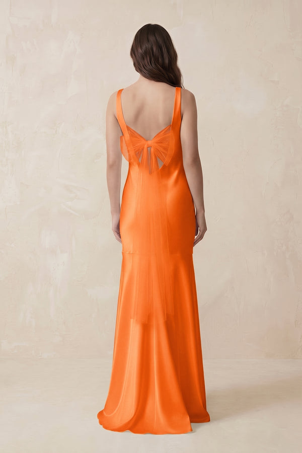 Mermaid Scoop Neck Satin Bridesmaid Dress with Bow in Orange - KISS BRIDAL Bridesmaid Dresses