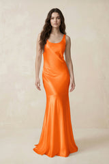 Mermaid Scoop Neck Satin Bridesmaid Dress with Bow in Orange - KISS BRIDAL Bridesmaid Dresses