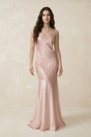 Mermaid Scoop Neck Satin Bridesmaid Dress with Bow in Pale Blush - KISS BRIDAL Bridesmaid Dresses
