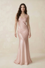 Mermaid Scoop Neck Satin Bridesmaid Dress with Bow in Pale Blush - KISS BRIDAL Bridesmaid Dresses