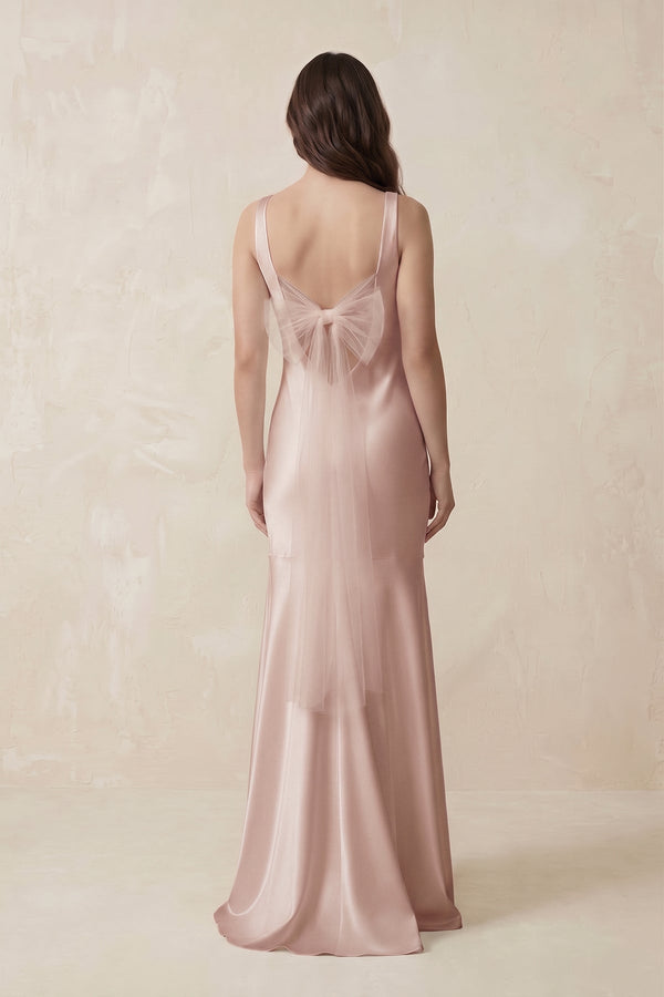 Mermaid Scoop Neck Satin Bridesmaid Dress with Bow in Pale Blush - KISS BRIDAL Bridesmaid Dresses