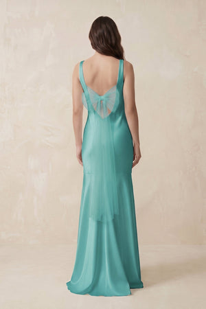 Mermaid Scoop Neck Satin Bridesmaid Dress with Bow in Pale Pistachio - KISS BRIDAL Bridesmaid Dresses