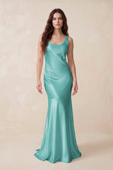 Mermaid Scoop Neck Satin Bridesmaid Dress with Bow in Pale Pistachio - KISS BRIDAL Bridesmaid Dresses