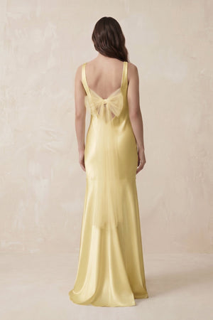 Mermaid Scoop Neck Satin Bridesmaid Dress with Bow in Pastel Yellow - KISS BRIDAL Bridesmaid Dresses