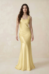 Mermaid Scoop Neck Satin Bridesmaid Dress with Bow in Pastel Yellow - KISS BRIDAL Bridesmaid Dresses