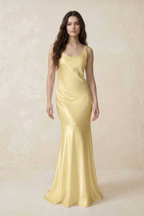 Mermaid Scoop Neck Satin Bridesmaid Dress with Bow in Pastel Yellow - KISS BRIDAL Bridesmaid Dresses